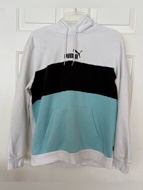 PUMA Men's Size L, Long Sleeve Hoodie Black/White/Green, Hooded, Striped